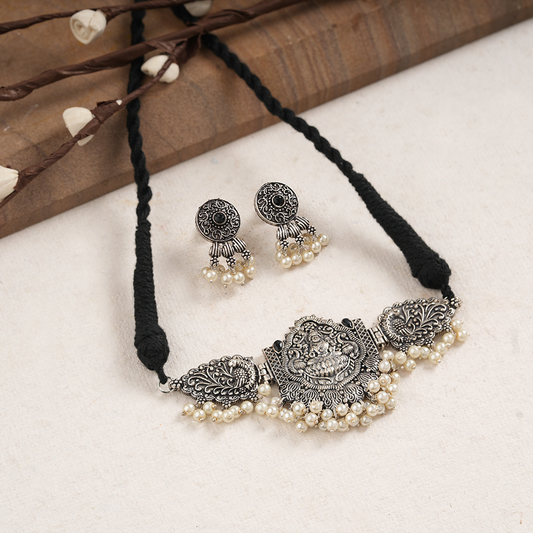 Padmalaya- Stone studded Laxmi Motif German Silver Neckpiece set(Black)
