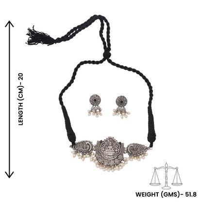 Padmalaya- Stone-Studded Laxmi Motif German Silver Neckpiece set(Black)