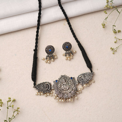 Padmalaya- Stone-Studded Laxmi Motif German Silver Neckpiece set(Blue)