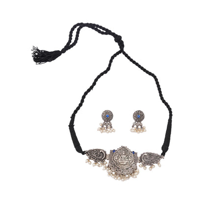 Padmalaya- Stone-Studded Laxmi Motif German Silver Neckpiece set(Blue)