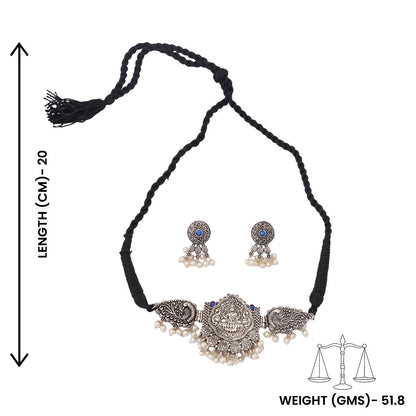 Padmalaya- Stone-Studded Laxmi Motif German Silver Neckpiece set(Blue)