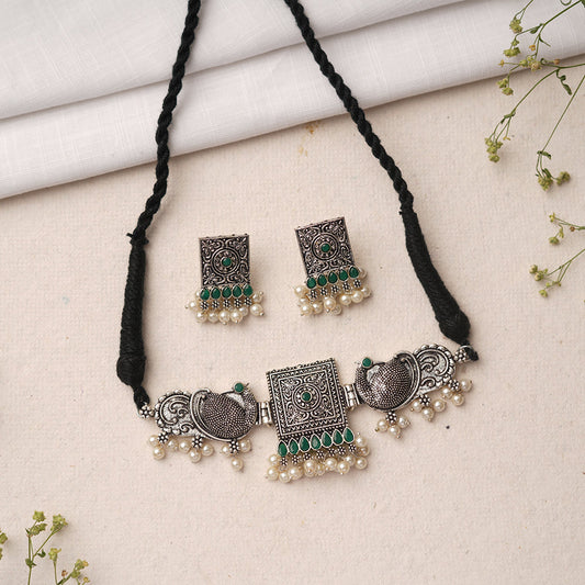 Rasika- Oxidised neckpiece with Earrings (Green)