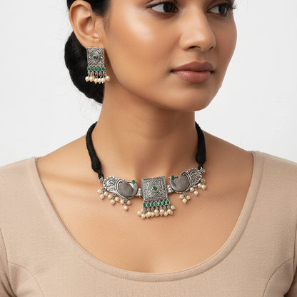Rasika- Oxidised neckpiece with Earrings (Green)