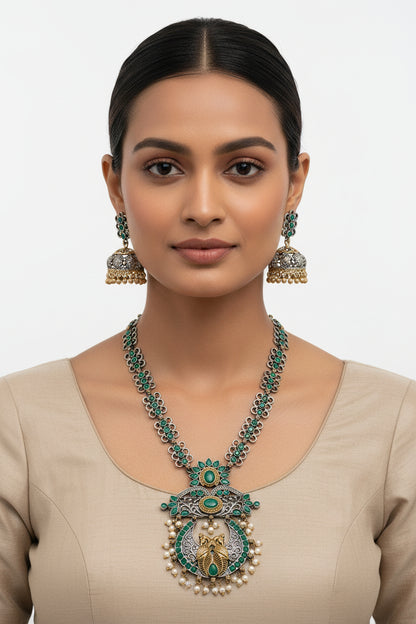 Amrapali- Stone-Studded neckpiece set(Green)