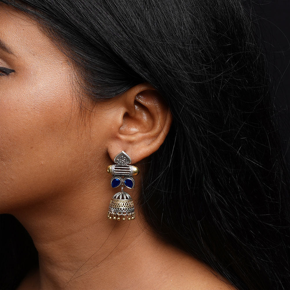 Rupali – Oxidised Silver Brass Stone-Studded Dangler Earrings(Blue)