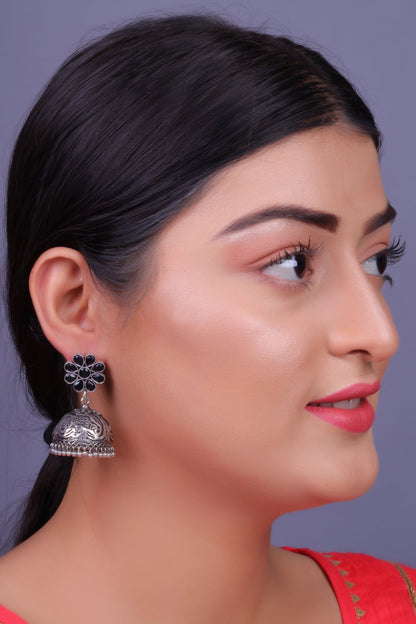 Tamira- Silver Brass Oxidised Jhumka Earrings(Black)