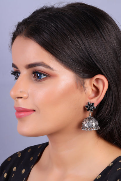 Padmika- Silver Brass Stone-Studded Jhumka Earrings(Black)