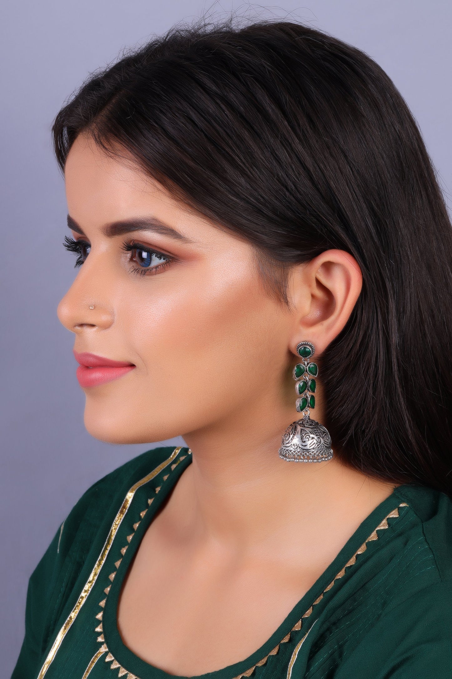 Shyamika- Silver Brass Oxidised Jhumka Earrings(Green)