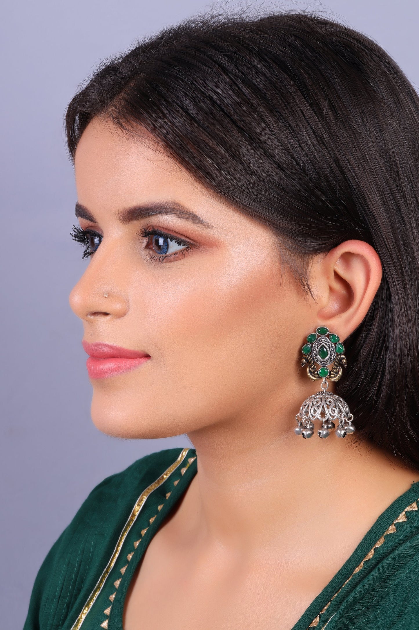 Kusumeyura- Silver Brass Stone-Studded Jhumka Earrings(Green)