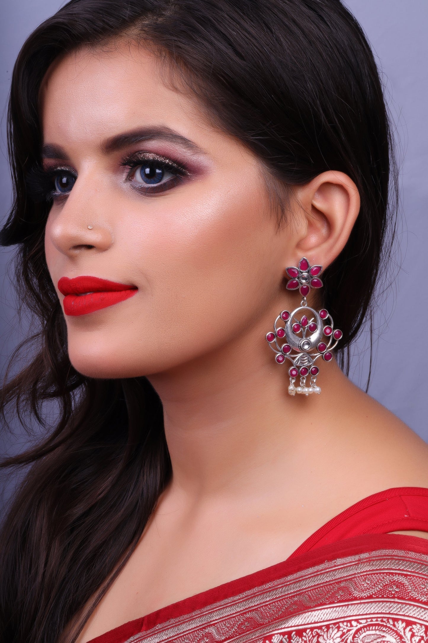 Dhaval- Silver Brass Oxidised dangler earrings(Red)