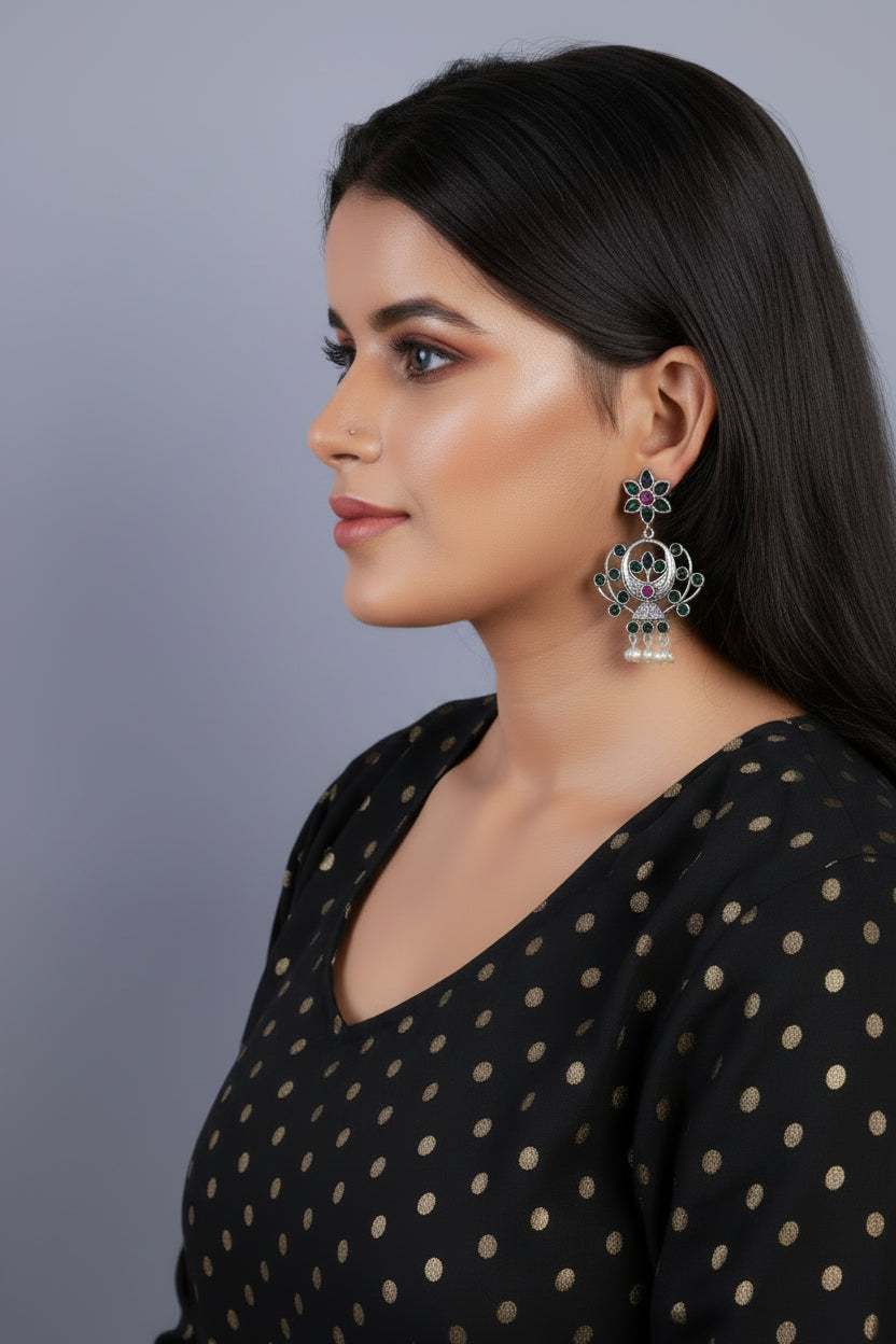 Dhaval- Silver Brass Oxidised dangler earrings(Multicolored RedBlack)