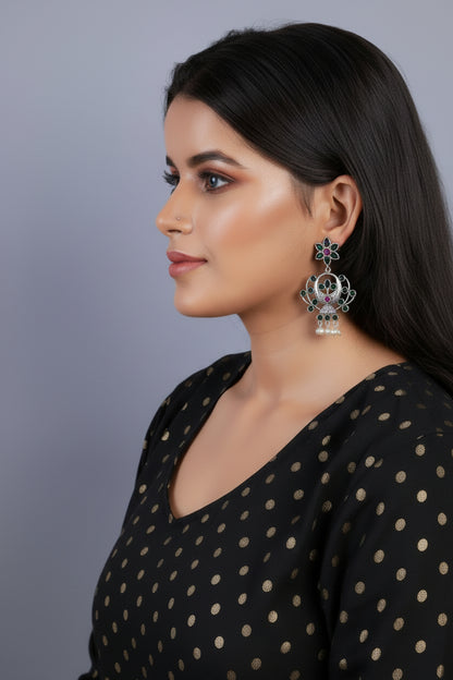 Dhaval- Silver Brass Oxidised dangler earrings(Multicolored RedBlack)
