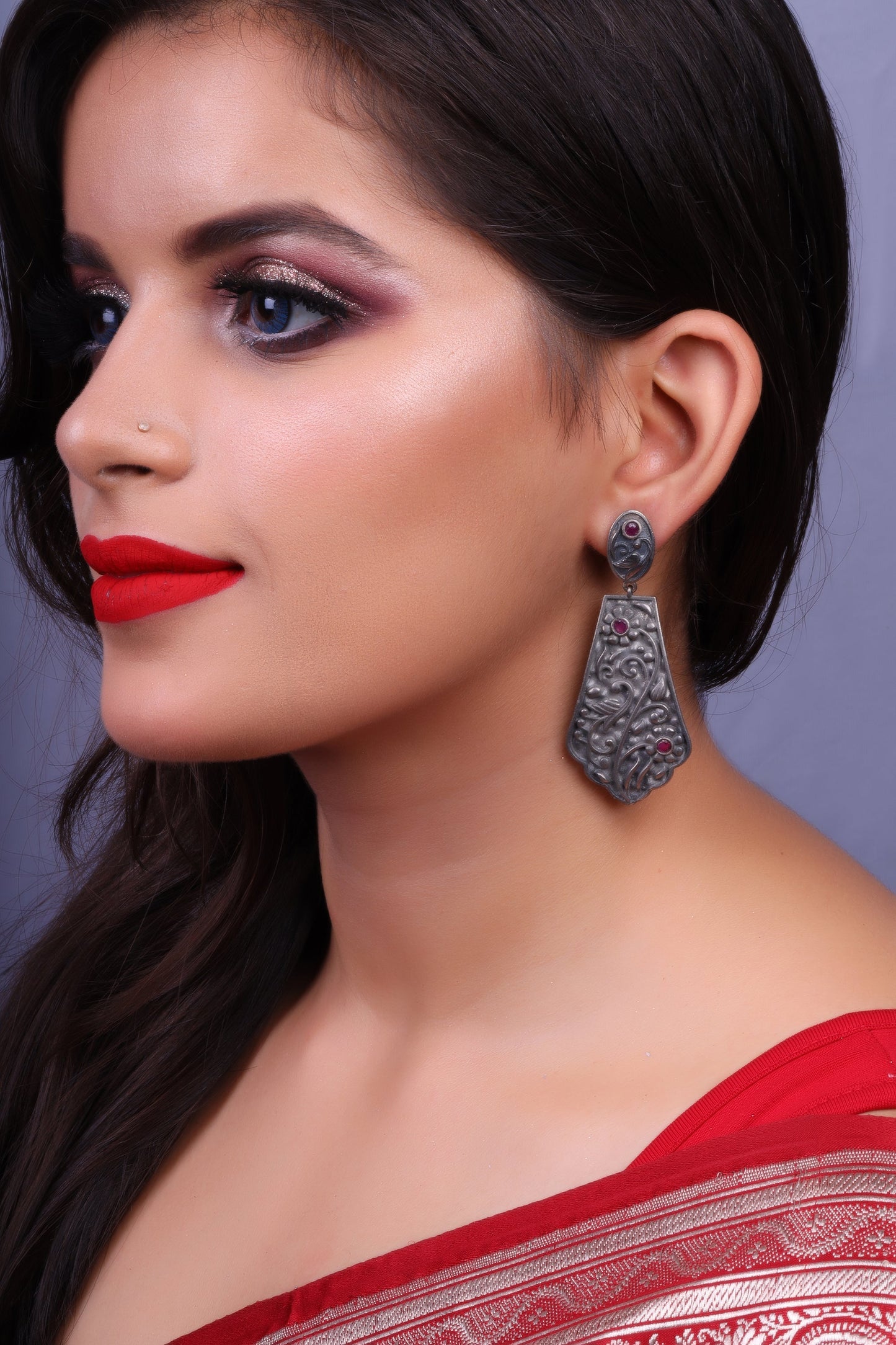 Shyamalika- Silver Brass Oxidised dangler earrings