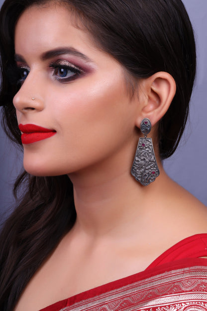 Shyamalika- Silver Brass Oxidised dangler earrings