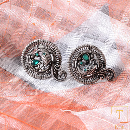 MorRatna- Silver Brass Stone Studded Stud Earrings(Green)