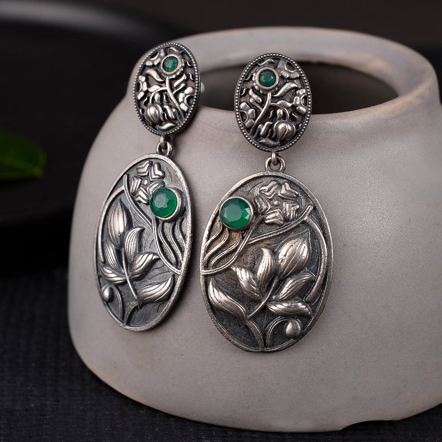 Pranalika- Silver Brass Oxidised dangler earrings