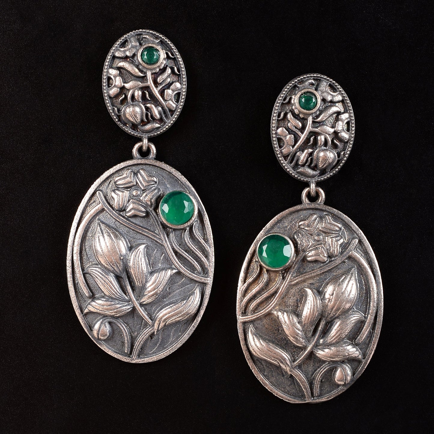 Pranalika- Silver Brass Oxidised dangler earrings