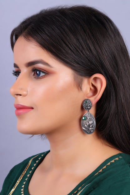 Pranalika- Silver Brass Oxidised dangler earrings