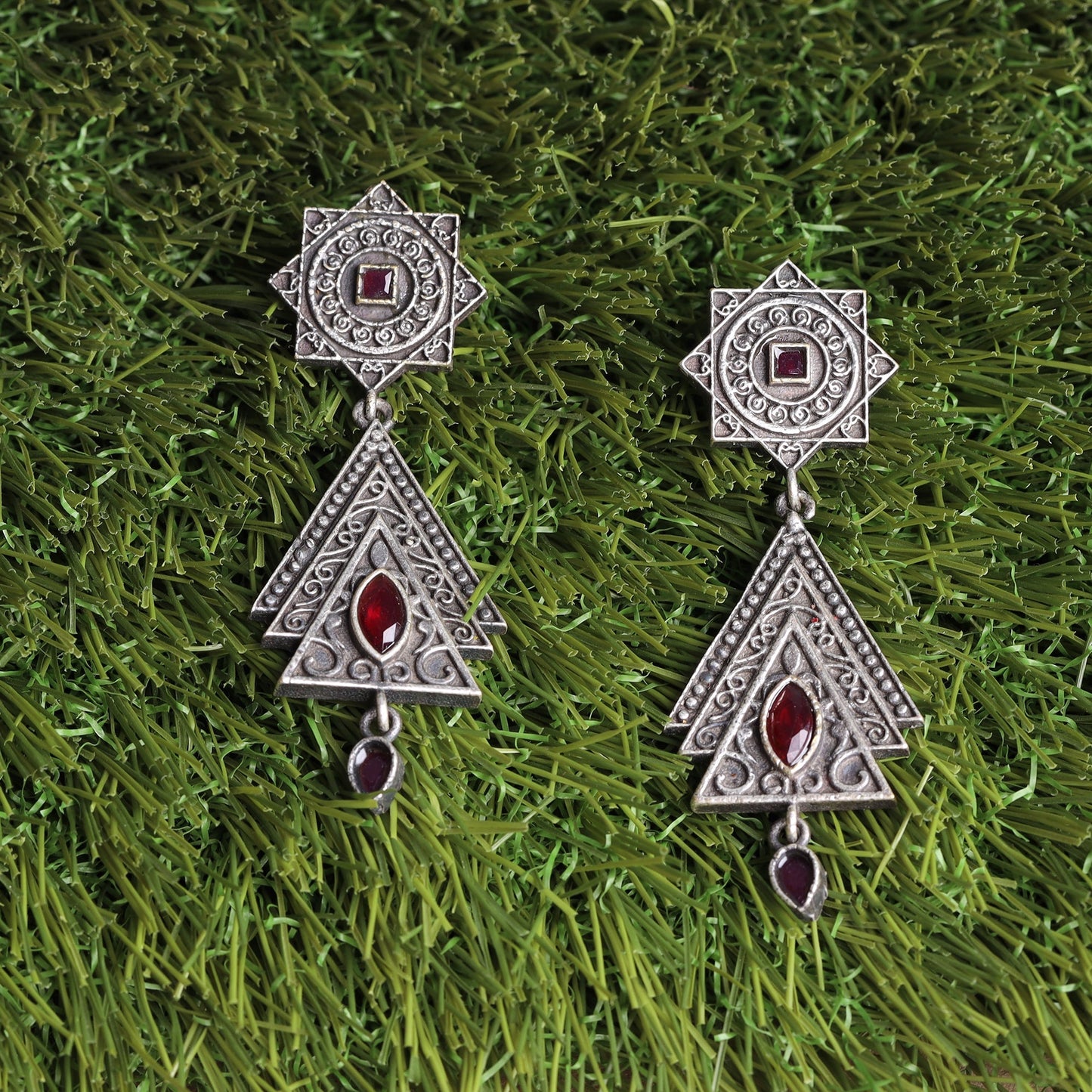 Triratna- Silver Brass Oxidised Jhumka earrings