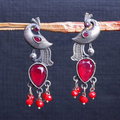 Morisha- Silver Brass Stone-Studded dangler earrings(Red)