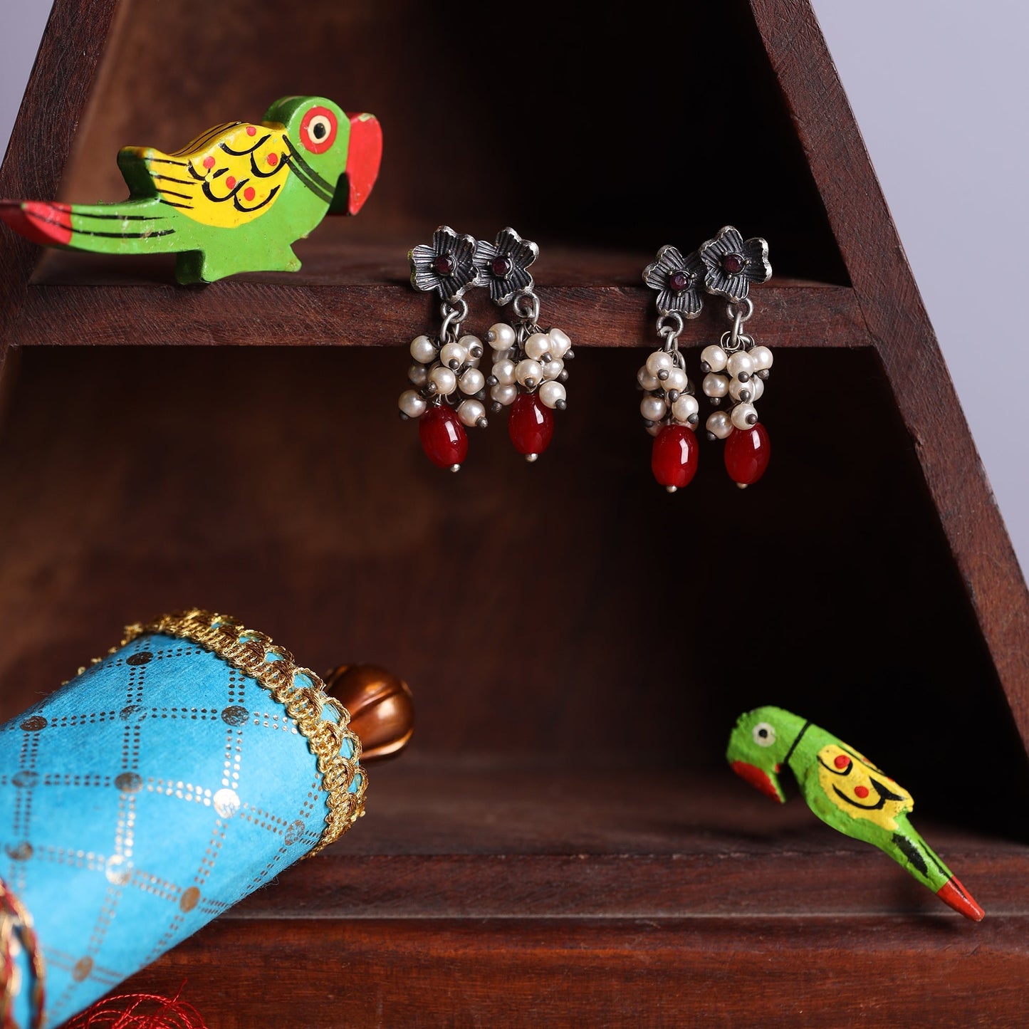 KusumMoti- Silver Brass Pearl stud earrings(Red)