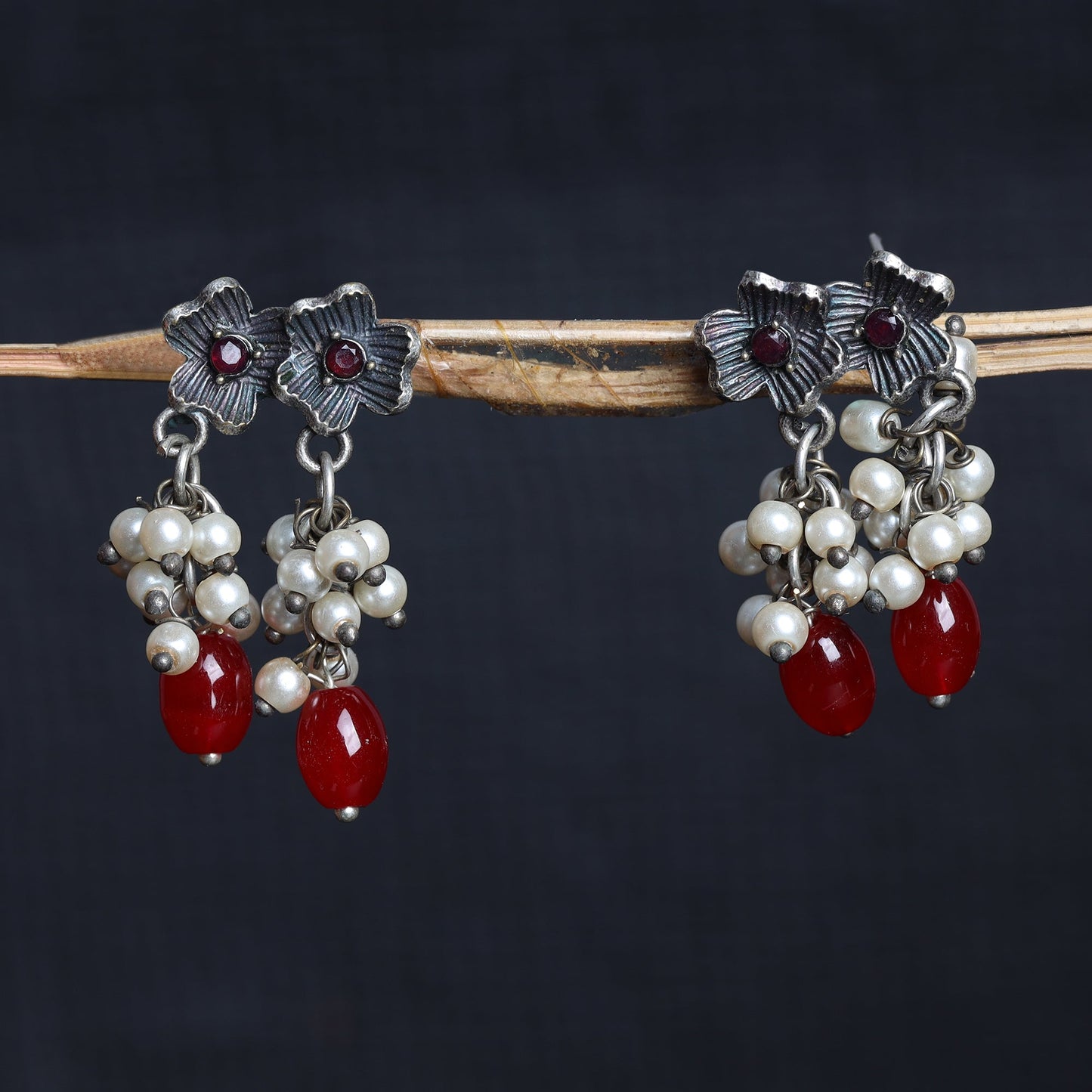 KusumMoti- Silver Brass Pearl stud earrings(Red)