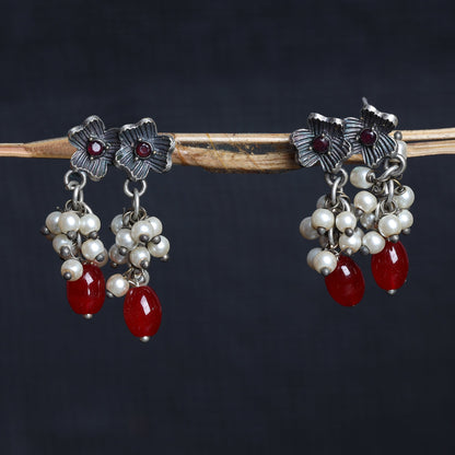 KusumMoti- Silver Brass Pearl stud earrings(Red)