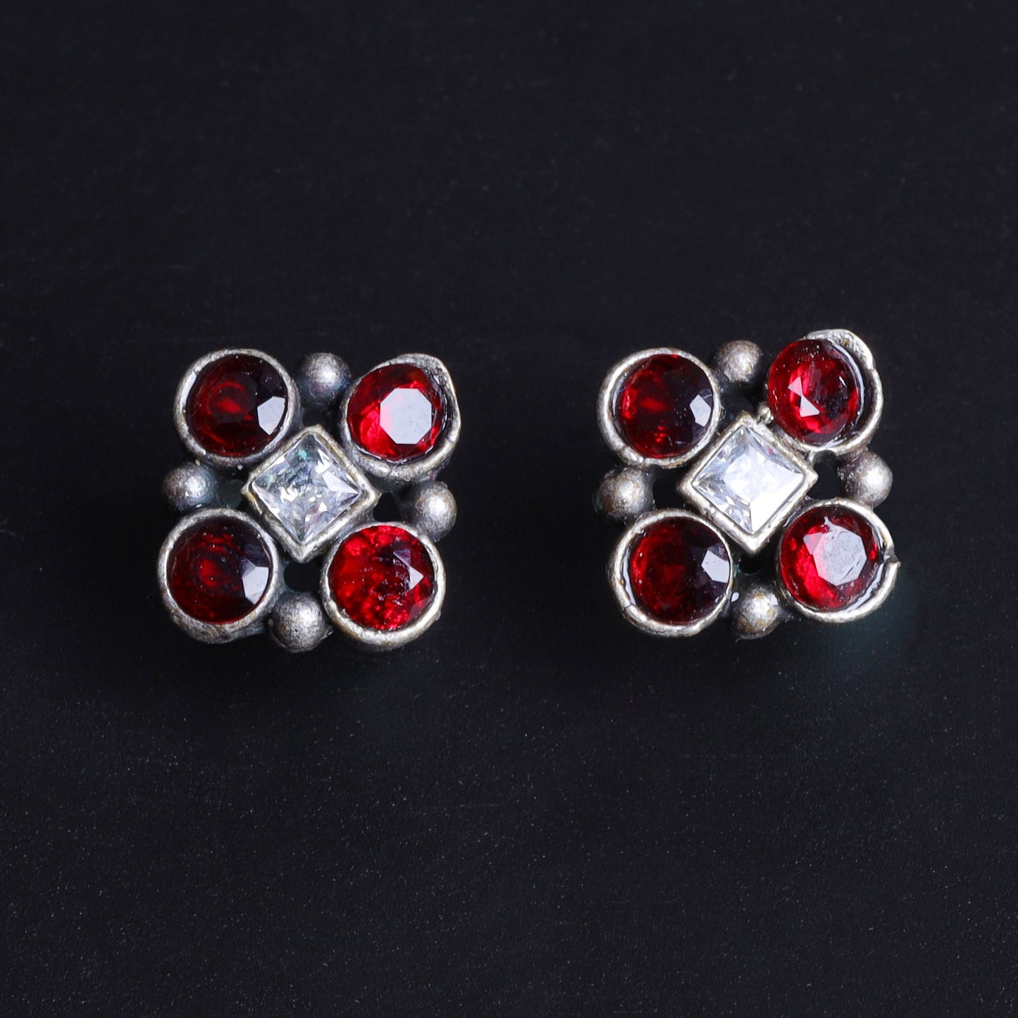 Raktika- Silver Brass Stone Studded Stud Earrings