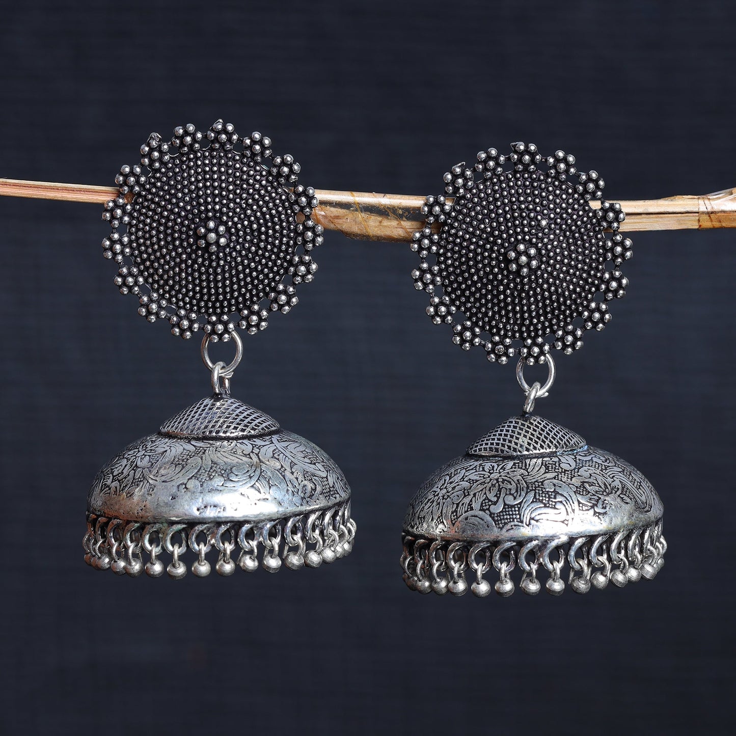 Zeenat- Silver oxidised brass jhumka earrings