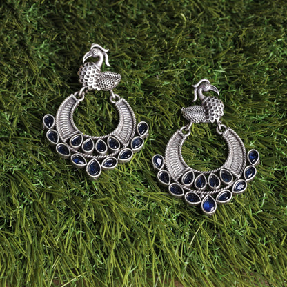 ManikMor- Silver Brass Oxidised dangler earrings(Blue)