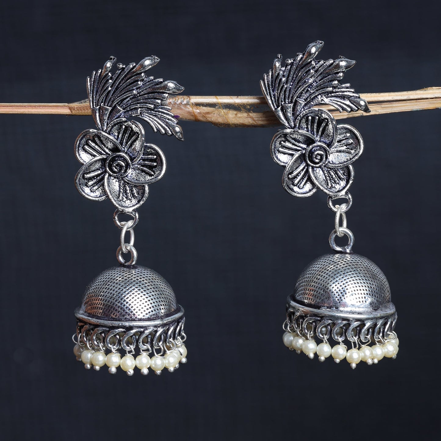 Muktika- Silver Brass Pearl dangler earrings