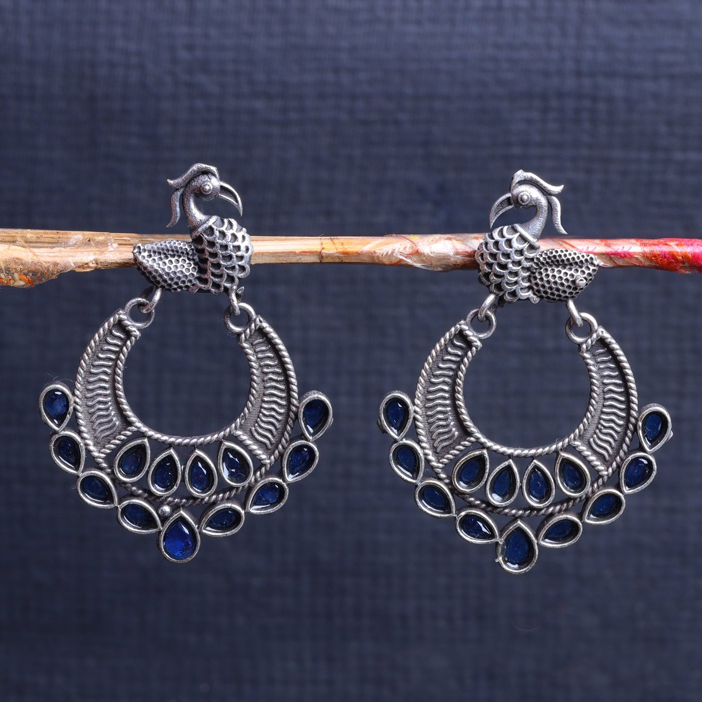 ManikMor- Silver Brass Oxidised dangler earrings(Blue)