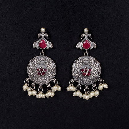 Pravah- Silver Brass Pearl dangler earrings(Red)