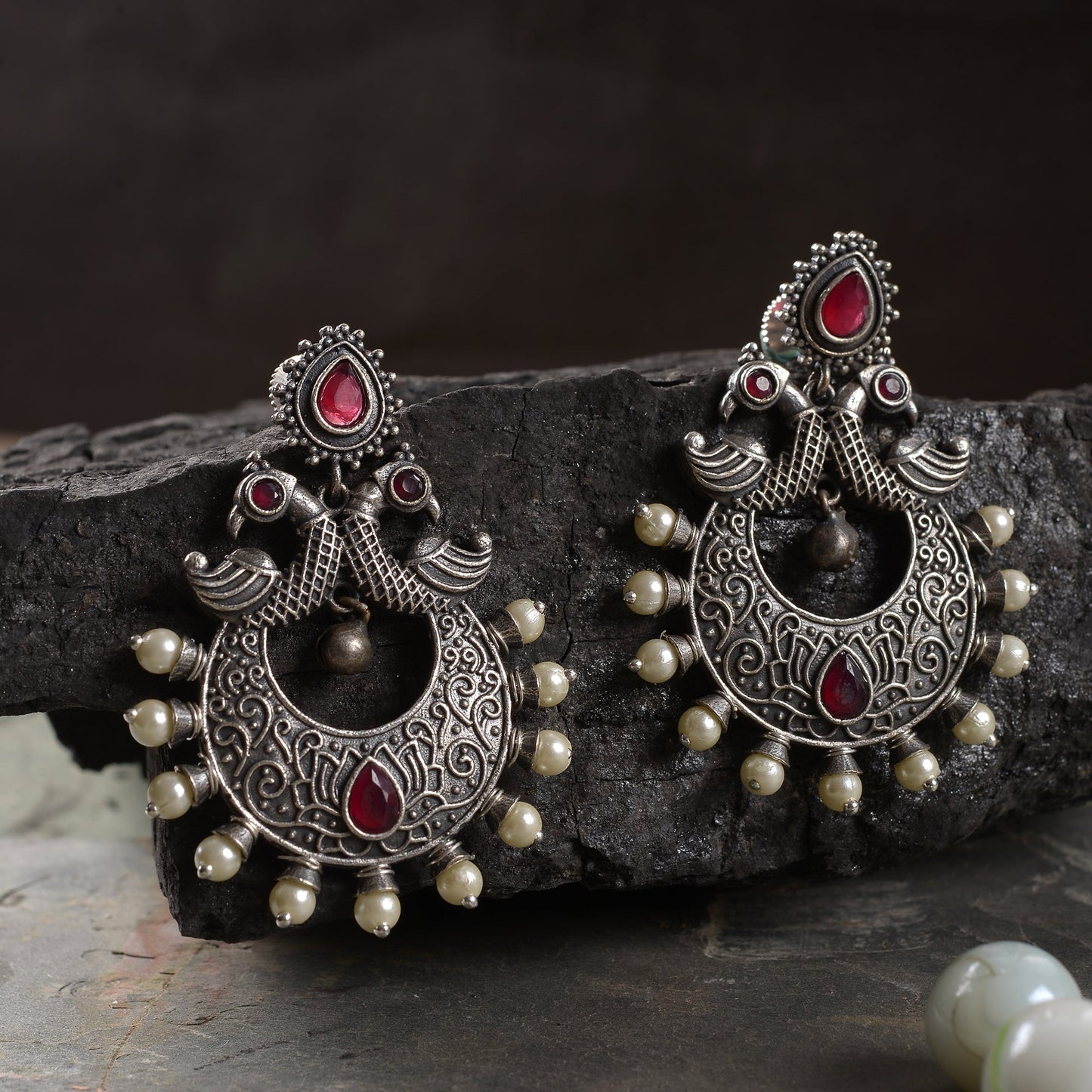 DwiMayura- Silver Brass Oxidised dangler earrings