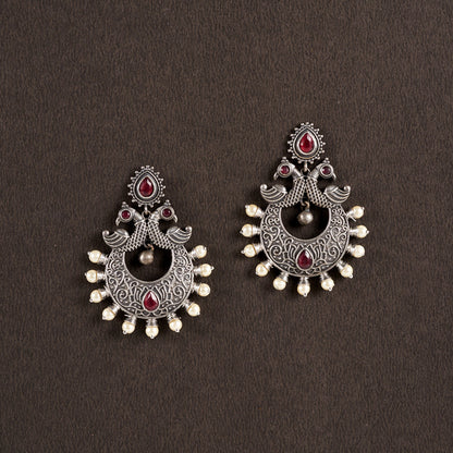 DwiMayura- Silver Brass Oxidised dangler earrings
