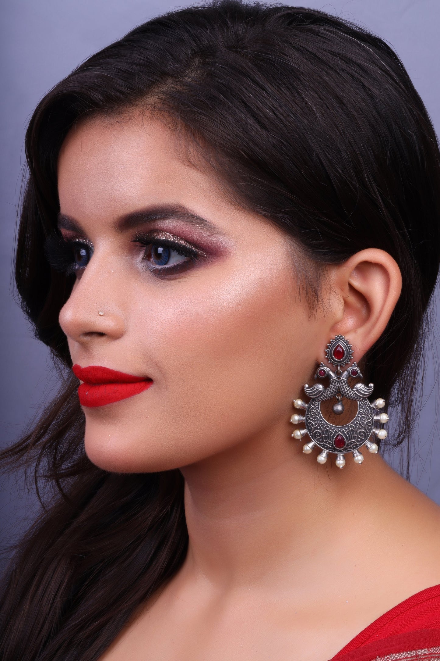 DwiMayura- Silver Brass Oxidised dangler earrings