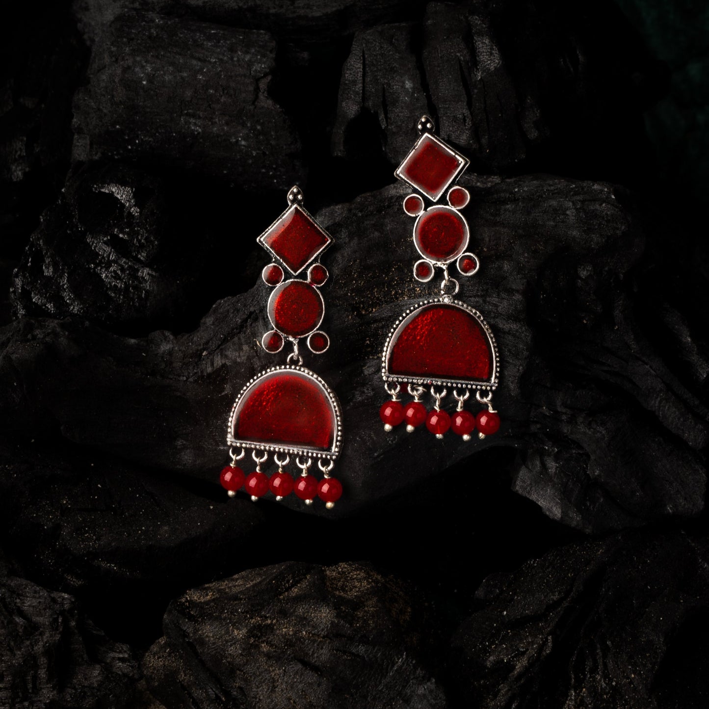Aakar- Silver Brass stone studded dangler earrungs (Red)