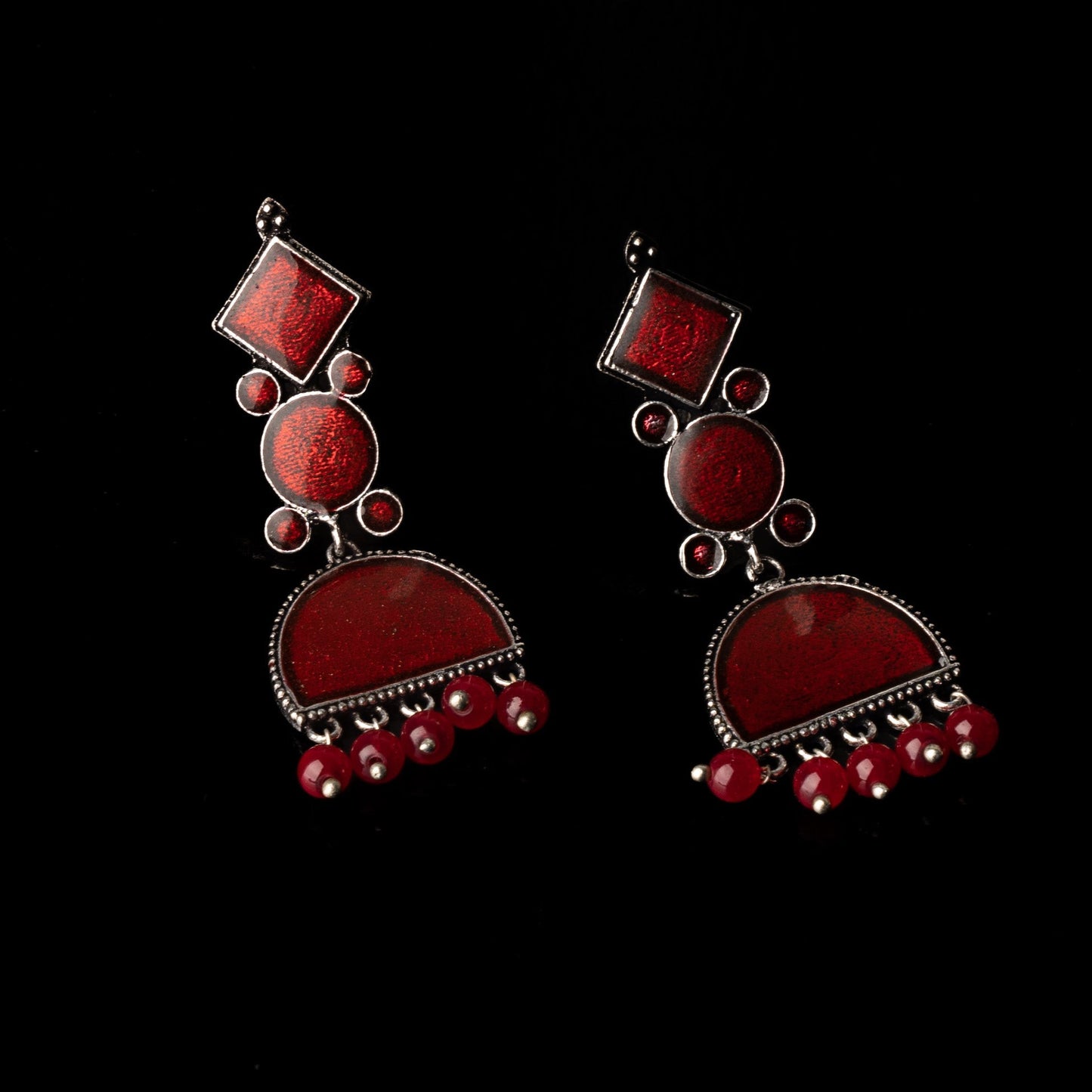 Aakar- Silver Brass stone studded dangler earrungs (Red)