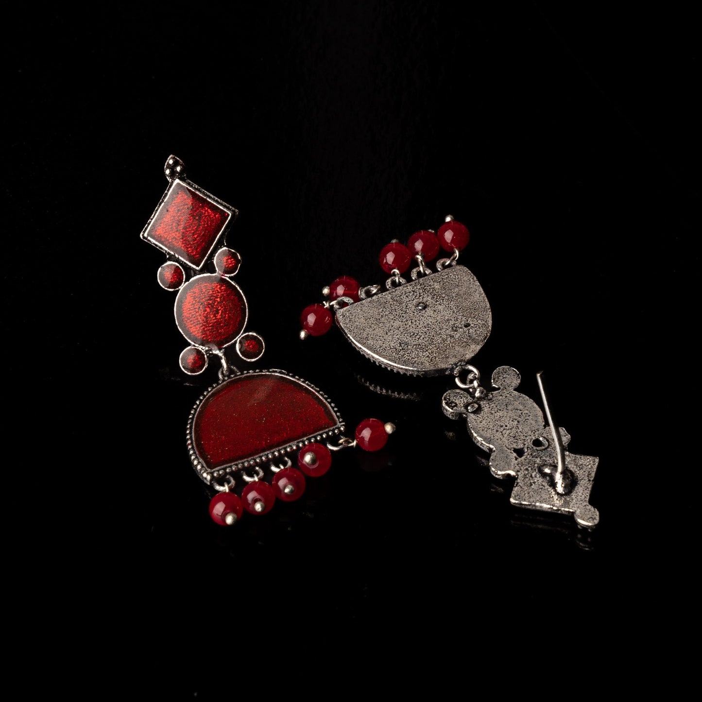 Aakar- Silver Brass stone studded dangler earrungs (Red)