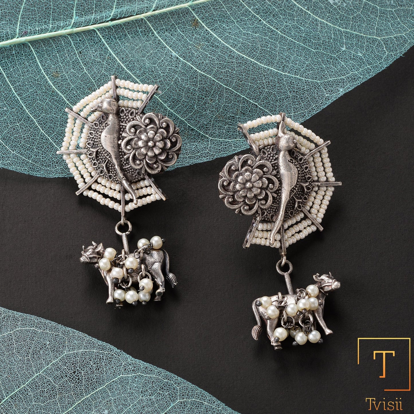 Gauri- Silver Brass Pearl dangler earrings