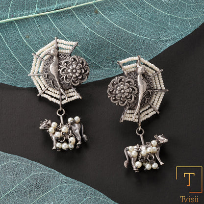 Gauri- Silver Brass Pearl dangler earrings