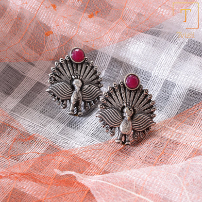 Pakshi- Silver oxidised stone studded stud earrings