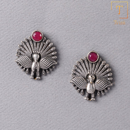 Pakshi- Silver oxidised stone studded stud earrings