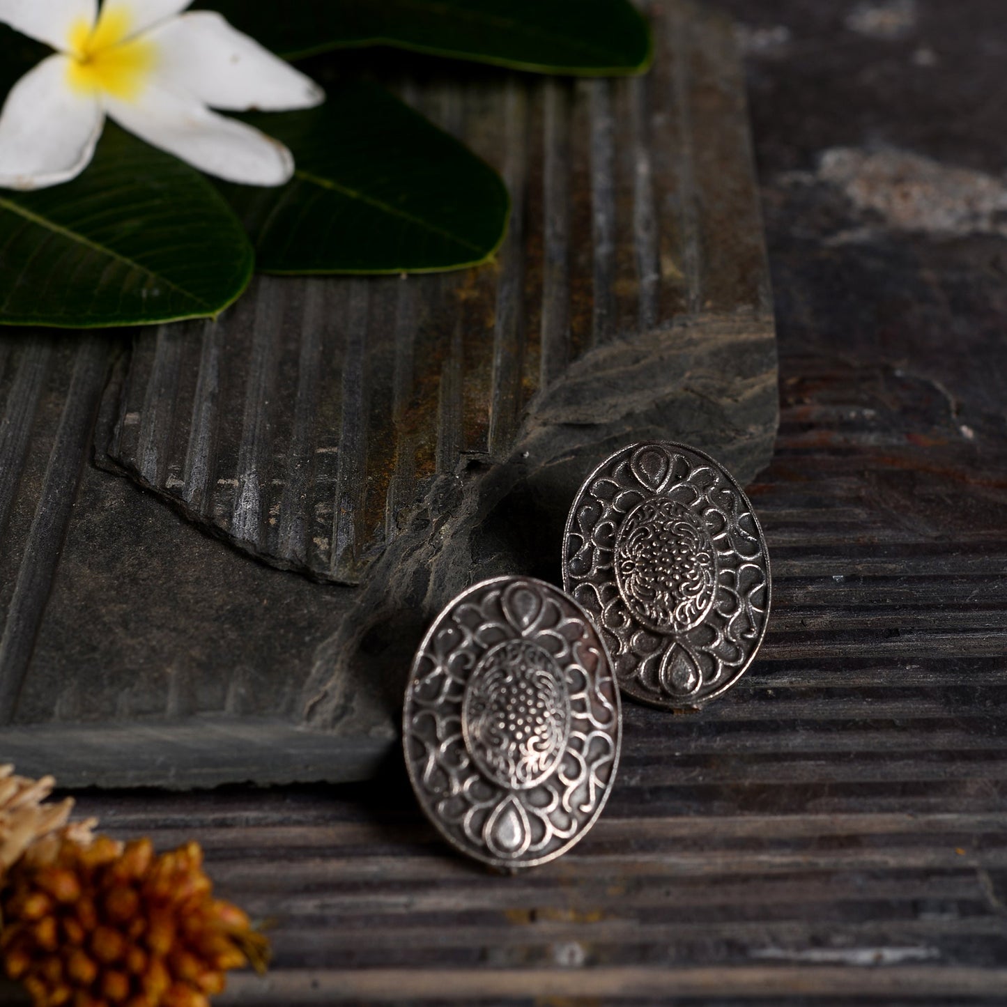 Chandrika- Silver Brass Oxidised Stud Earrings
