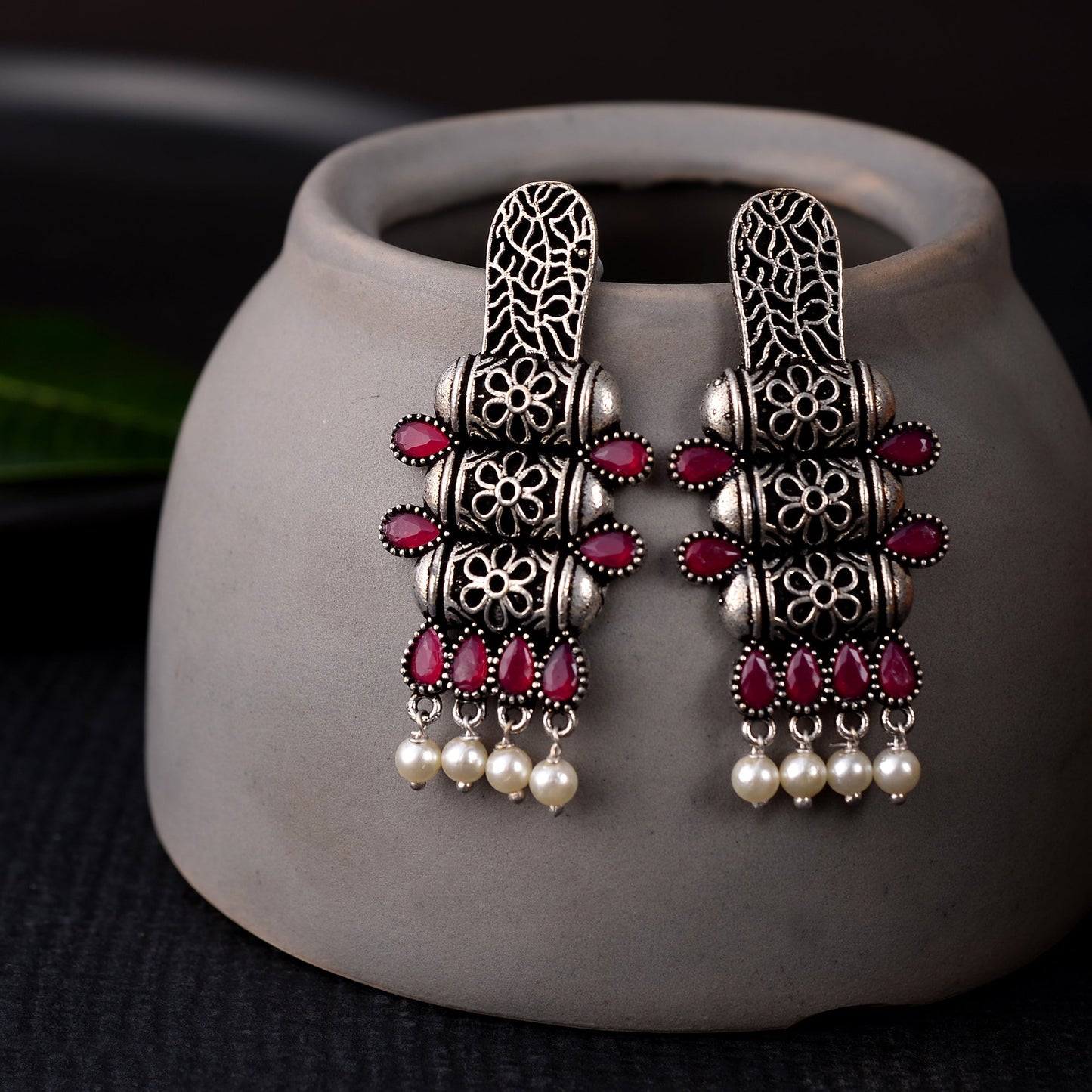 ManiStambh – Silver Brass Oxidised Dangler Earrings (Red)