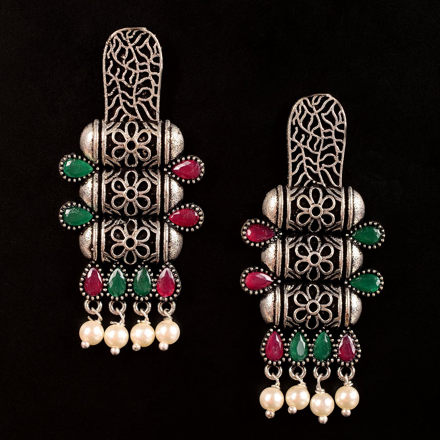 ManiStambh – Silver Brass Oxidised Dangler Earrings (Multicolored)