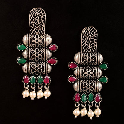 ManiStambh – Silver Brass Oxidised Dangler Earrings (Multicolored)