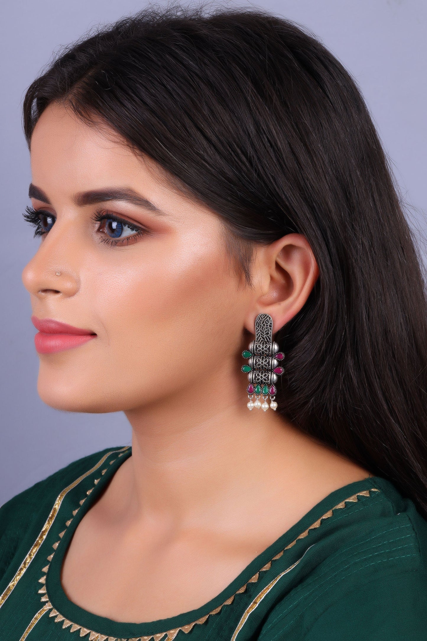 ManiStambh – Silver Brass Oxidised Dangler Earrings (Multicolored)