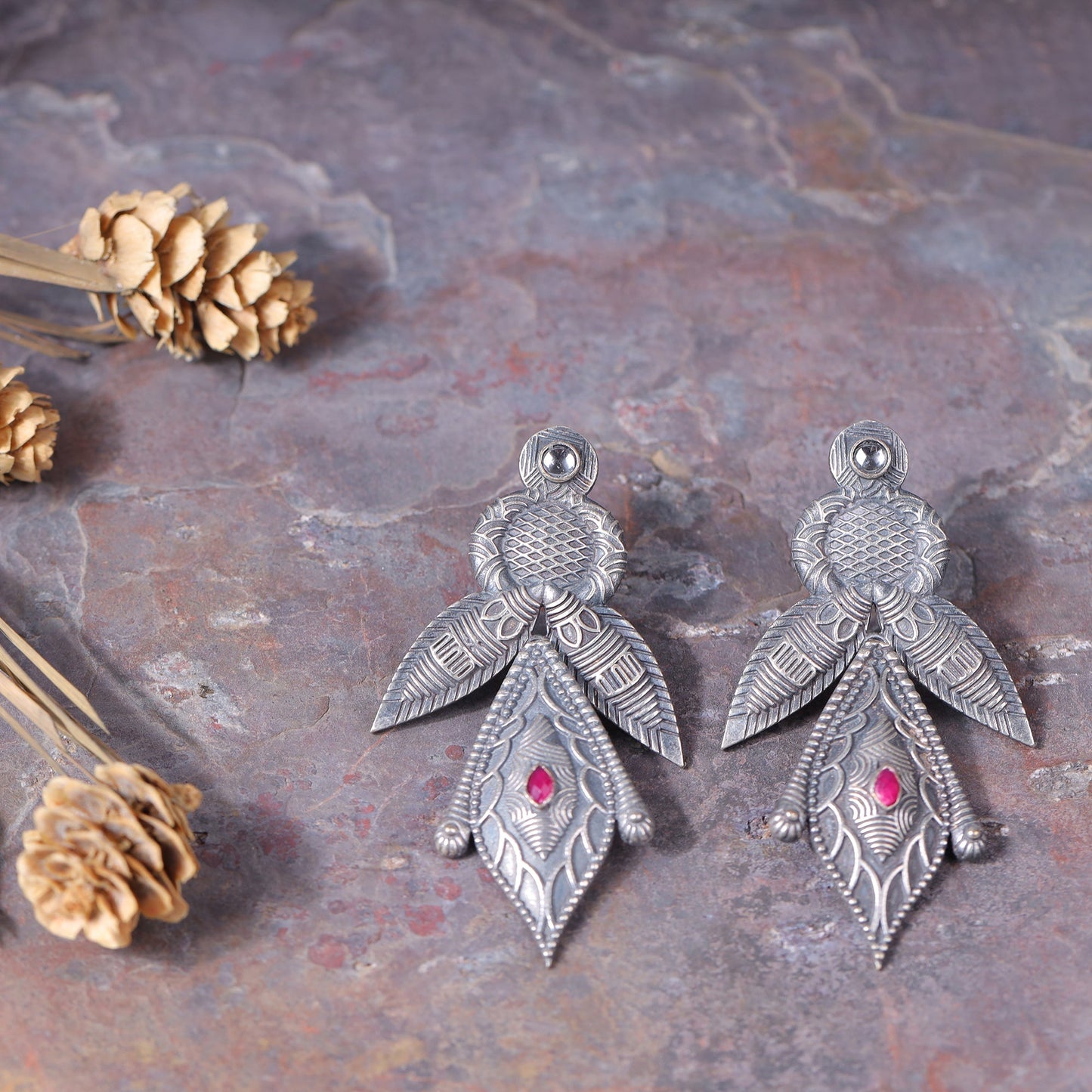 Patra- Silver Brass Oxidised Jhumka earrings