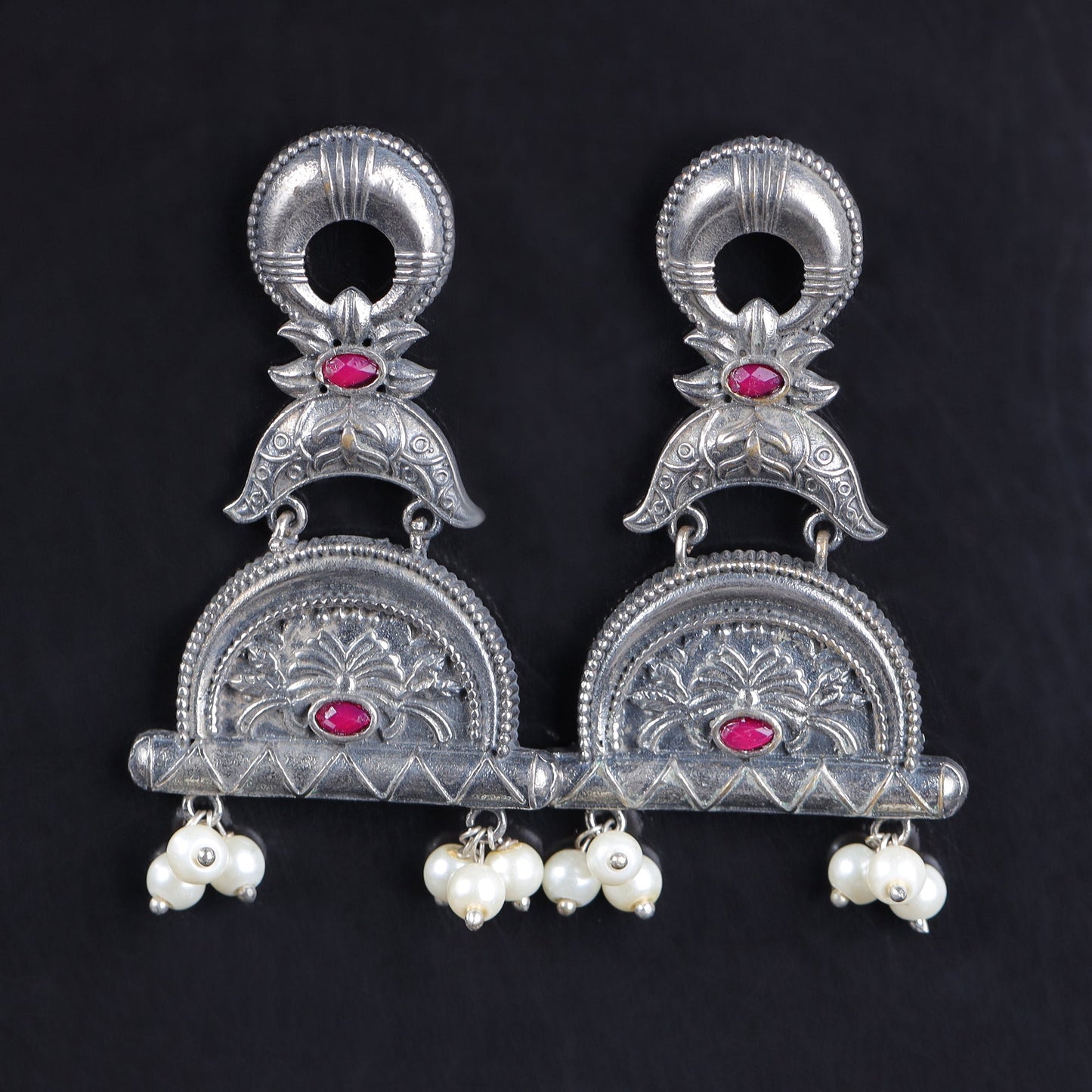 ChandraBansi- Silver Brass Oxidised Jhumka earrings